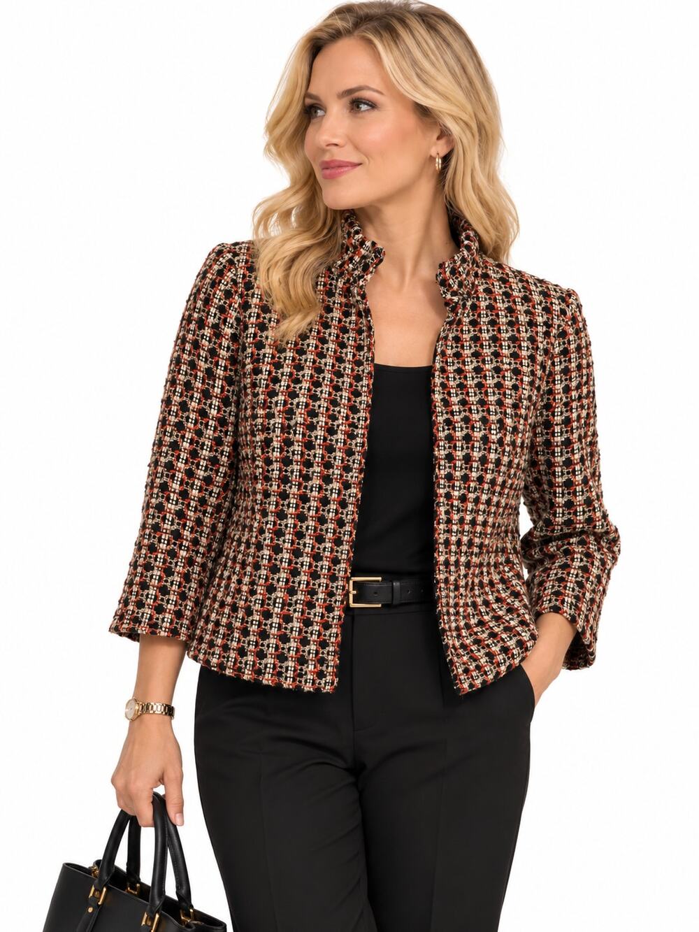 DRR Chicos Womens Large 12 14 Tweed Jacket Multicolor Open Front Work Blazer
